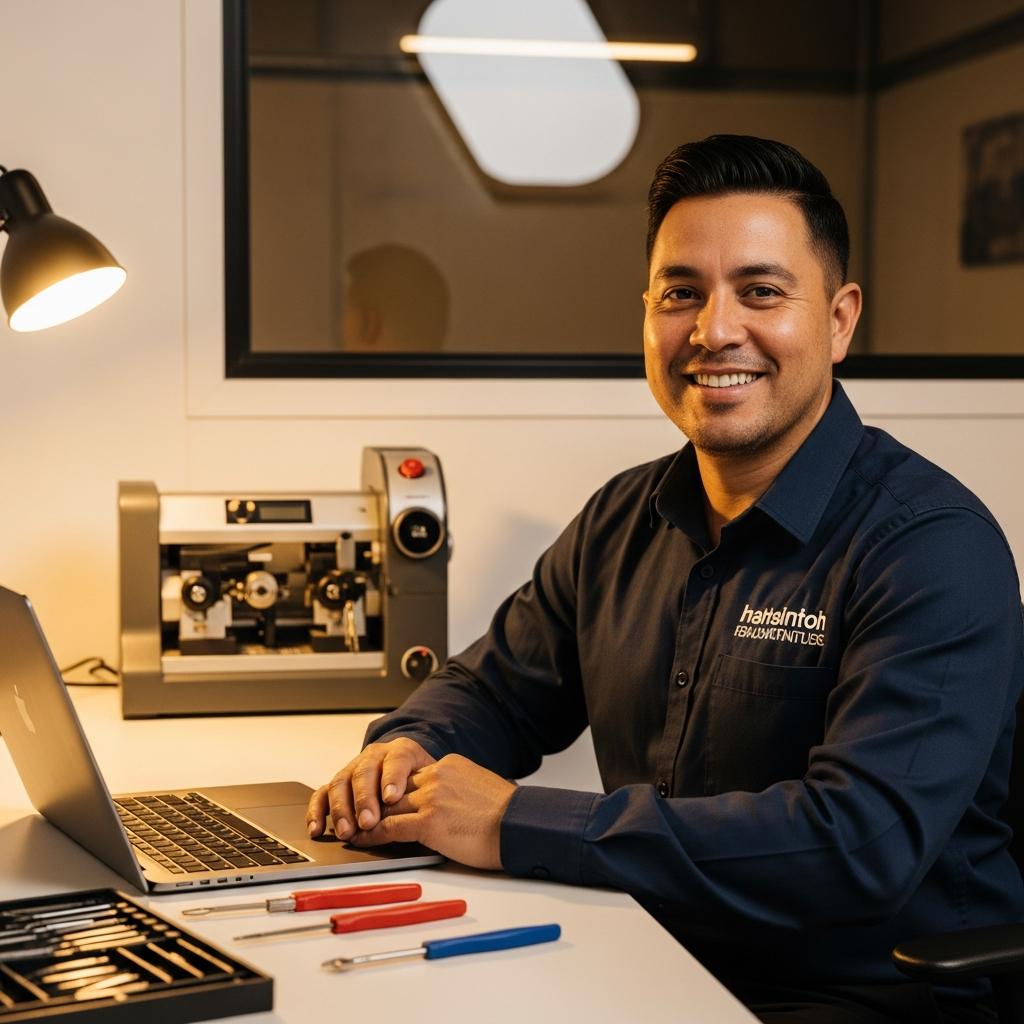 Australian locksmith managing their business online with a laptop