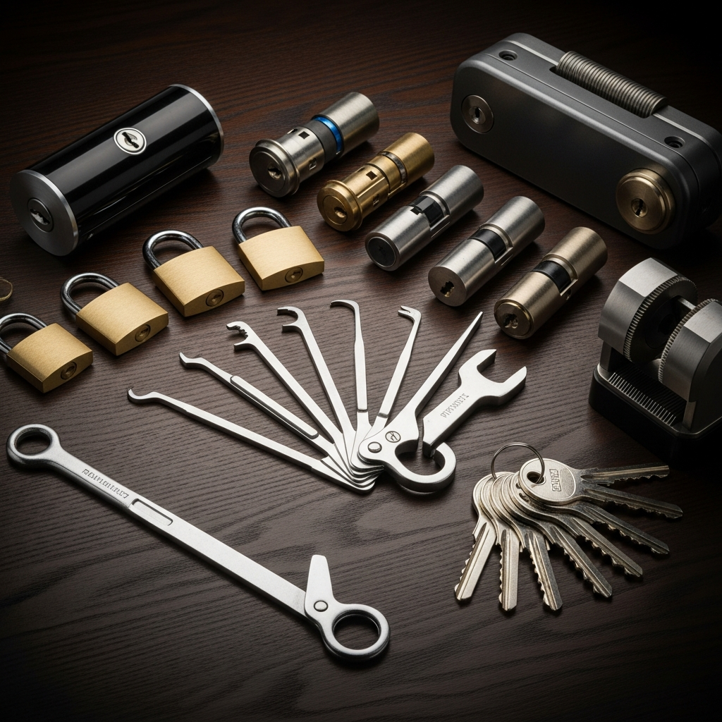 Professional locksmith tools including lock picks, key cutting machine, and deadbolts on a workbench